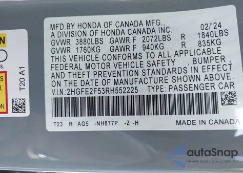 2024 Honda Civic Sport z USA, uszkodzony, nr VIN 2HGFE2F53RH552225